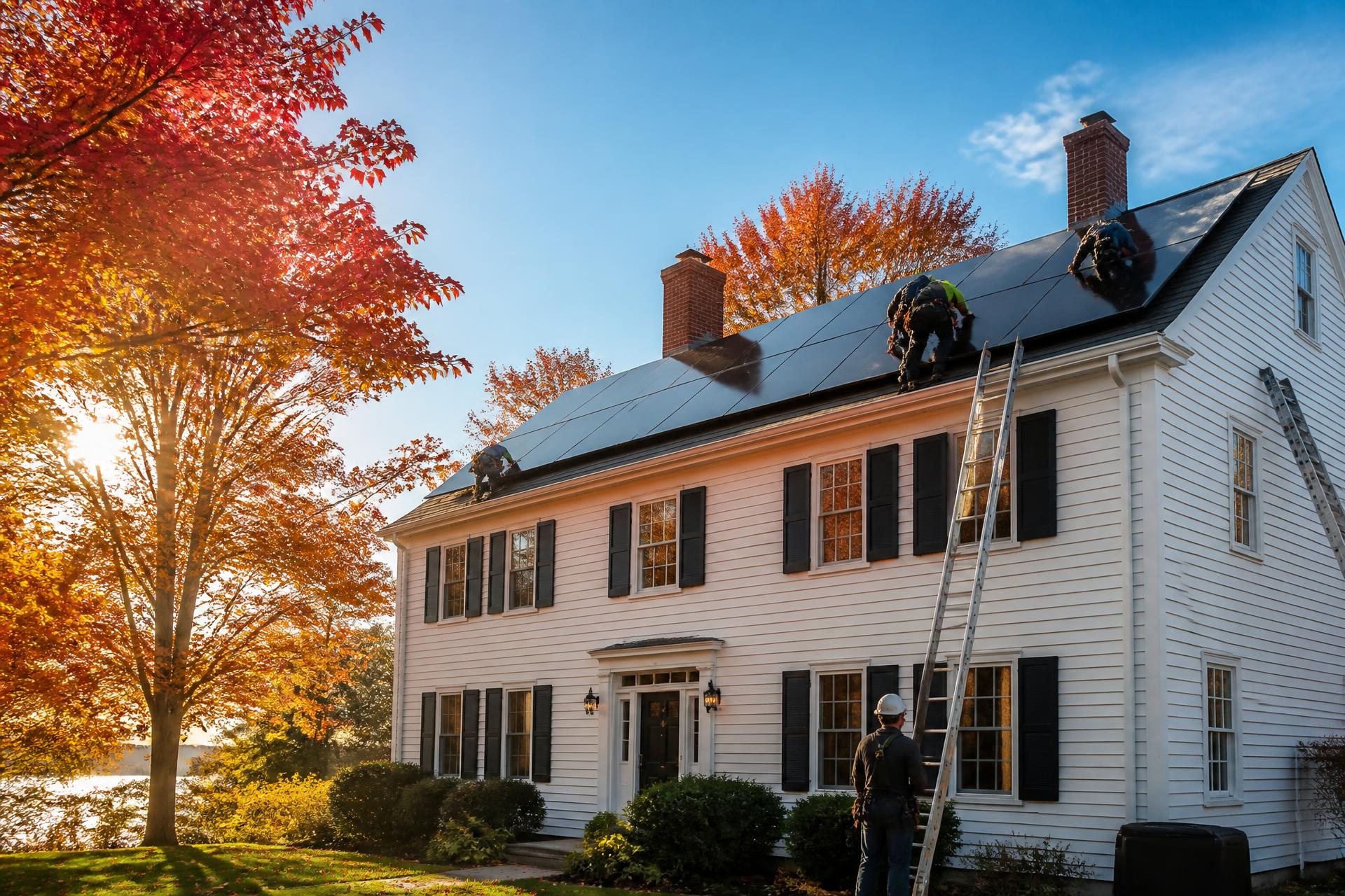 Noi Solar crew installing black solar panels on a white New England colonial home in autumn